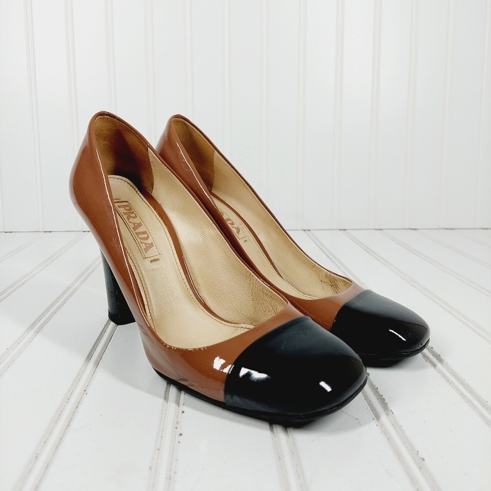 Prada Black Brown Patent Leather Square Toe Slip On Block Heel Pumps B237 - Picture 4 of 15